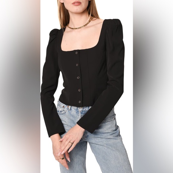 NWOT WAYF Unforgettable Long Sleeve Puff Shoulder Top - Black - Picture 8 of 9